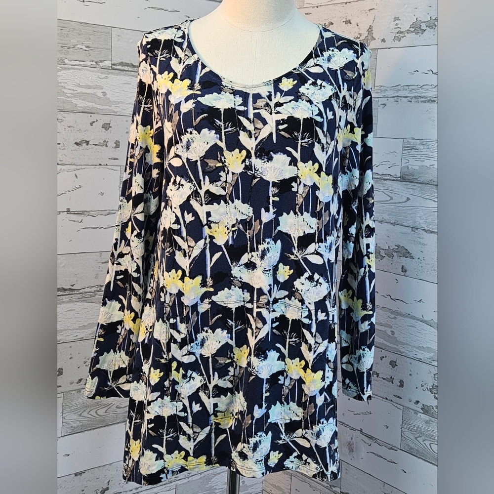 J Jill Pure‎ Jill Womens Navy Floral Tunic Top Petite Large Kangaroo Pockets